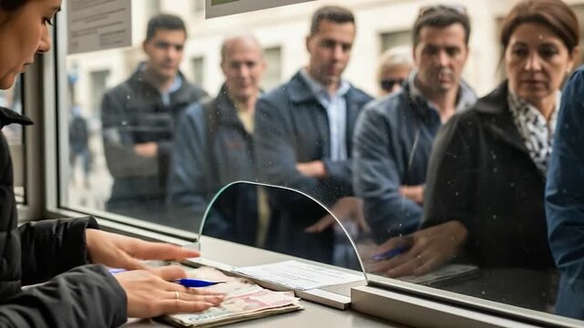 Person counting currency at service counter with queue of customers waiting behind glass partition financial transaction concept
