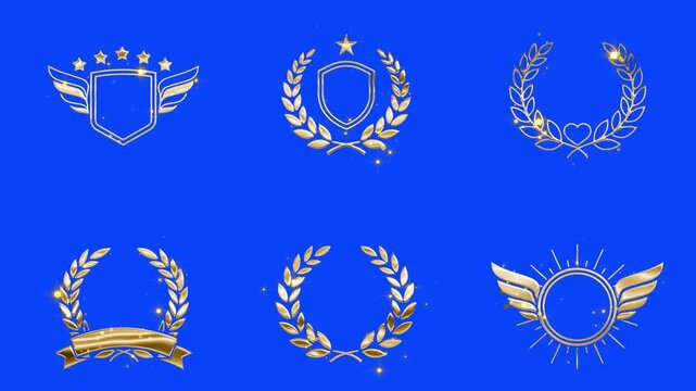 Premium collection of shiny gold laurel frames includes traditional victory wreaths, modern minimalist outlines, and decorative floral designs perfect for branding, competitions, diplomas