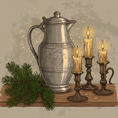 Elegant Christmas still life with a silver pitcher and glowing candles, evoking a cozy holiday ambiance.