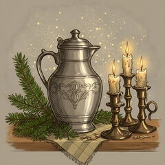 A festive Christmas still life featuring a silver pitcher and lit candles, creating a warm and inviting atmosphere.