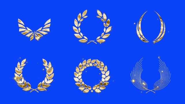Premium collection of shiny gold laurel frames includes traditional victory wreaths, modern minimalist outlines, and decorative floral designs perfect for branding, competitions, diplomas
