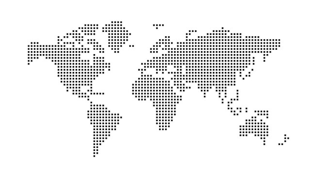 Dotted world map from squares. Black vector illustration. World map vector, isolated on white background. Suitable for web site pattern, anual report, inphographics. Globe similar worldmap icon. Trave