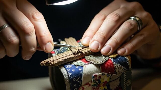 Person crafting intricate wooden structure with tool and lamp light
