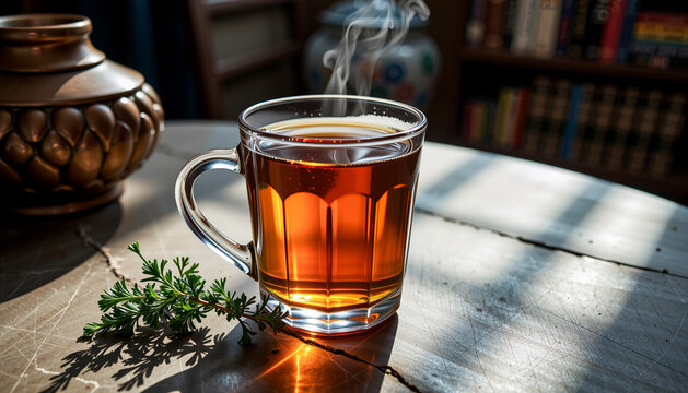  a cup of tea sitting on top of a wooden table, with a few leaves scattered around it.