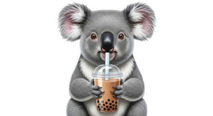 Cute Koala drinking Bubble Tea isolated PNG with Transparent Background