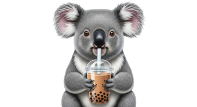 Cute Koala drinking Bubble Tea isolated PNG with Transparent Background