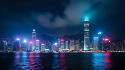 Dynamic Night Panorama of a Coastal Megacity