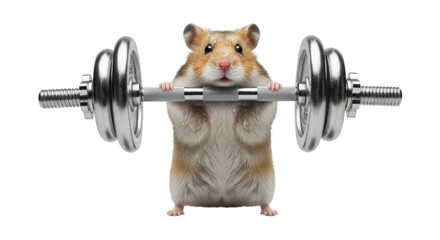 Funny hamster lifting weights isolated PNG with Transparent Background