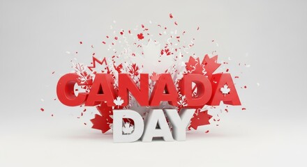 Canada Day Celebration with Red and White Typography and Maple Leaf Accents