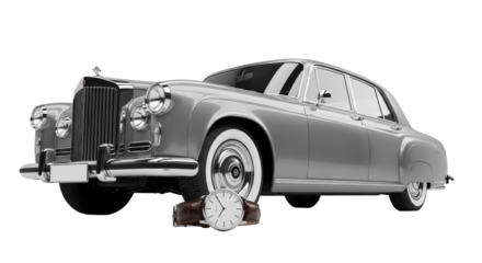 A pristine grey vintage luxury sedan with polished chrome accents and whitewall tires, next to an elegant wristwatch with a brown leather strap on a seamless light grey studio background, concept of