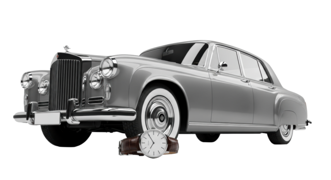 A pristine grey vintage luxury sedan with polished chrome accents and whitewall tires, next to an elegant wristwatch with a brown leather strap on a seamless light grey studio background, concept of
