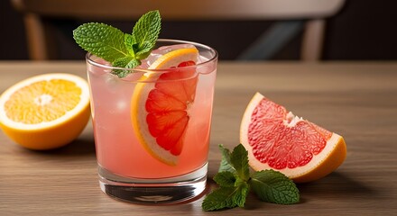 Refreshing Citrus Cocktail with Mint Garnish on Wooden Table.