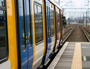 ellow and Blue Train Waiting, Low Angle View