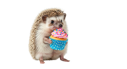 Cute hedgehog enjoying a cupcake with sprinkles isolated PNG with Transparent Background
