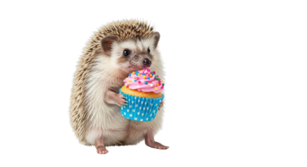Cute hedgehog enjoying a cupcake with sprinkles isolated PNG with Transparent Background