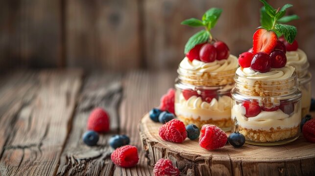 Mini tres leches cakes in glass jars topped with cream and fruit, wooden table, generated AI