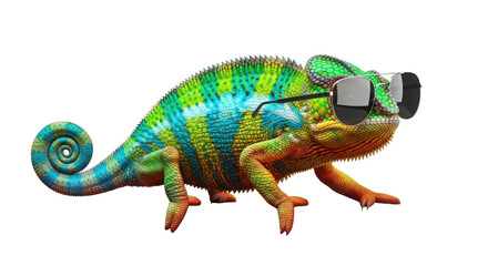 Cool colorful chameleon wearing sunglasses isolated PNG with Transparent Background