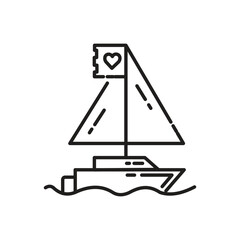 Line drawing of a sailboat on wavy water featuring a triangular sail and a heart on a flag