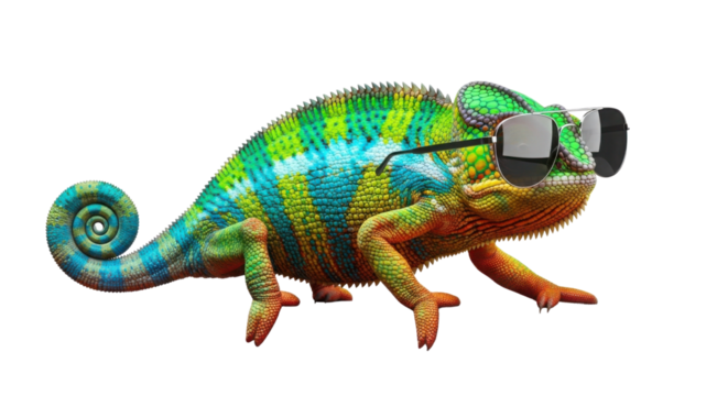 Cool colorful chameleon wearing sunglasses isolated PNG with Transparent Background