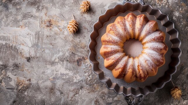 Simple mini cake baked in a tin pan, vintage icing design, placed on textured background, generated AI