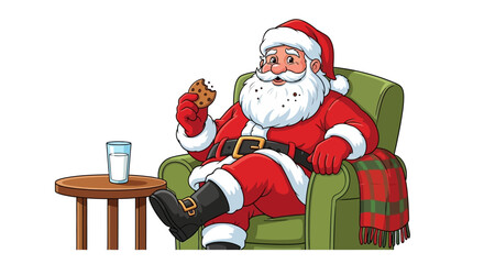 Santa Claus enjoying a well-deserved break with milk and cookies in his comfy chair after a long night of delivering presents to children worldwide
