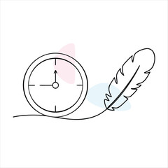 Minimalist Clock and Feather Line Art time writing