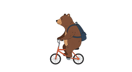 Cartoon bear with backpack riding a bicycle isolated PNG with Transparent Background