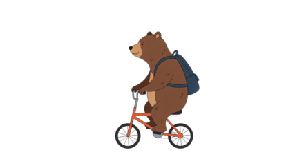 Cartoon bear with backpack riding a bicycle isolated PNG with Transparent Background