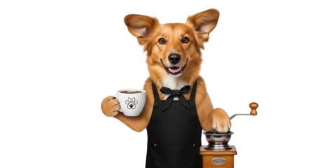 Dog dressed as barista holding a coffee mug and using a grinder isolated PNG with Transparent Background