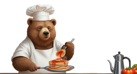 Bear chef making pancakes with syrup isolated PNG with Transparent Background