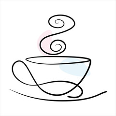Minimalist coffee cup line art with steam on white background