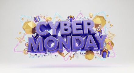 Cyber Monday Neon Sale Event - Festive Text and Confetti on White Background