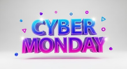 Cyber Monday Sale with Colorful 3D Text and Geometric Shapes on White Background