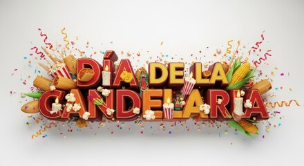 Vibrant 3D typography illustrating a cultural festival celebration, adorned with candles, traditional snacks, corn, and festive decorations, evoking joy and tradition