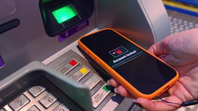 Phone Displaying &ldquo;Account Locked&rdquo; Message After Attempted Contactless Payment at ATM Terminal &mdash; Concept of Security Breach, Banking Restriction, or Fraud Alert