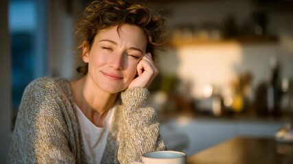 15A weary woman sitting at a sunlit kitchen table, resting her head on her hand, morning coffee cup in front, soft warm light highlighting fatigue - Powered by Adobe