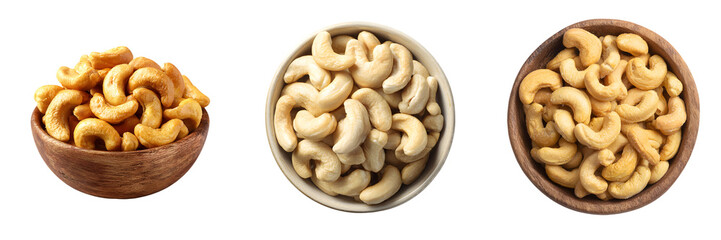Set of cashew nut trio in rustic wooden bowls, transparent background PNG