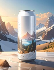 Can with mountain landscape design, with snow-capped mountains
