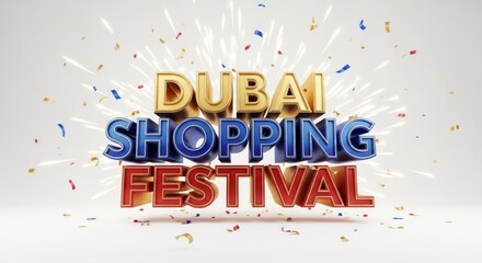 Spectacular three-dimensional typography advertising a grand metropolitan retail event, adorned with vibrant confetti bursts and dazzling light effects on a brilliant white background