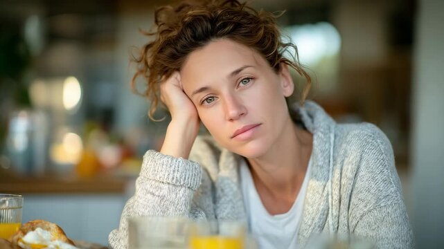 17Close-up of a fatigued woman propping her head with her hand, kitchen table with breakfast items scattered, soft ambient morning glow