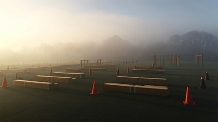 regimen. Training ground at dawn with obstacle courses visible through morning mist. event key visuals, club posters, designed for sports event promotions and stadium branding.