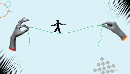 Risk Management Concept: Hands Hold a Tightrope Walker Symbolizing Balance, Financial Risk, Business Pressure, Crisis Management, and Stability Strategy.