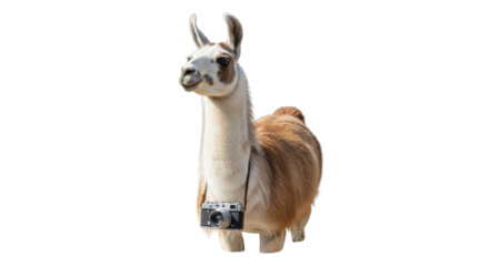 Llama wearing a camera around its neck posing like a tourist isolated PNG with Transparent Background