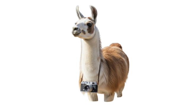 Llama wearing a camera around its neck posing like a tourist isolated PNG with Transparent Background