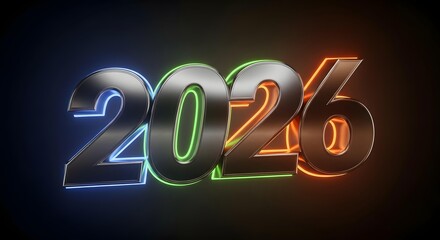 Futuristic Chrome 2026 Numerals with Neon Outlines Glowing on Dark Backdrop Represents New Year Technology and Modern Era Advancements