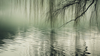 willow. Weeping willow branches dipping into still water, creating ripples. gardening catalogs, home-decor guides, designed for gardening and botanical catalogs, used by cybersecurity analysts.