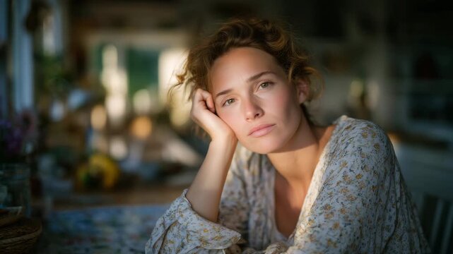 28Exhausted woman at kitchen table, head resting on hand, window light casting gentle highlights across her face and tabletop objects
