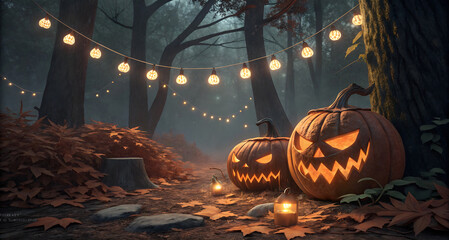 Two carved halloween pumpkins with menacing faces