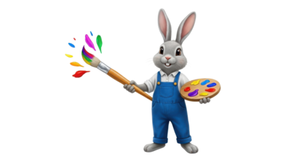 Cute rabbit cartoon character holding a paintbrush with colorful paints isolated PNG with Transparent Background