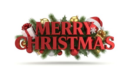 Merry Christmas 3D text with festive decorations on a white background.